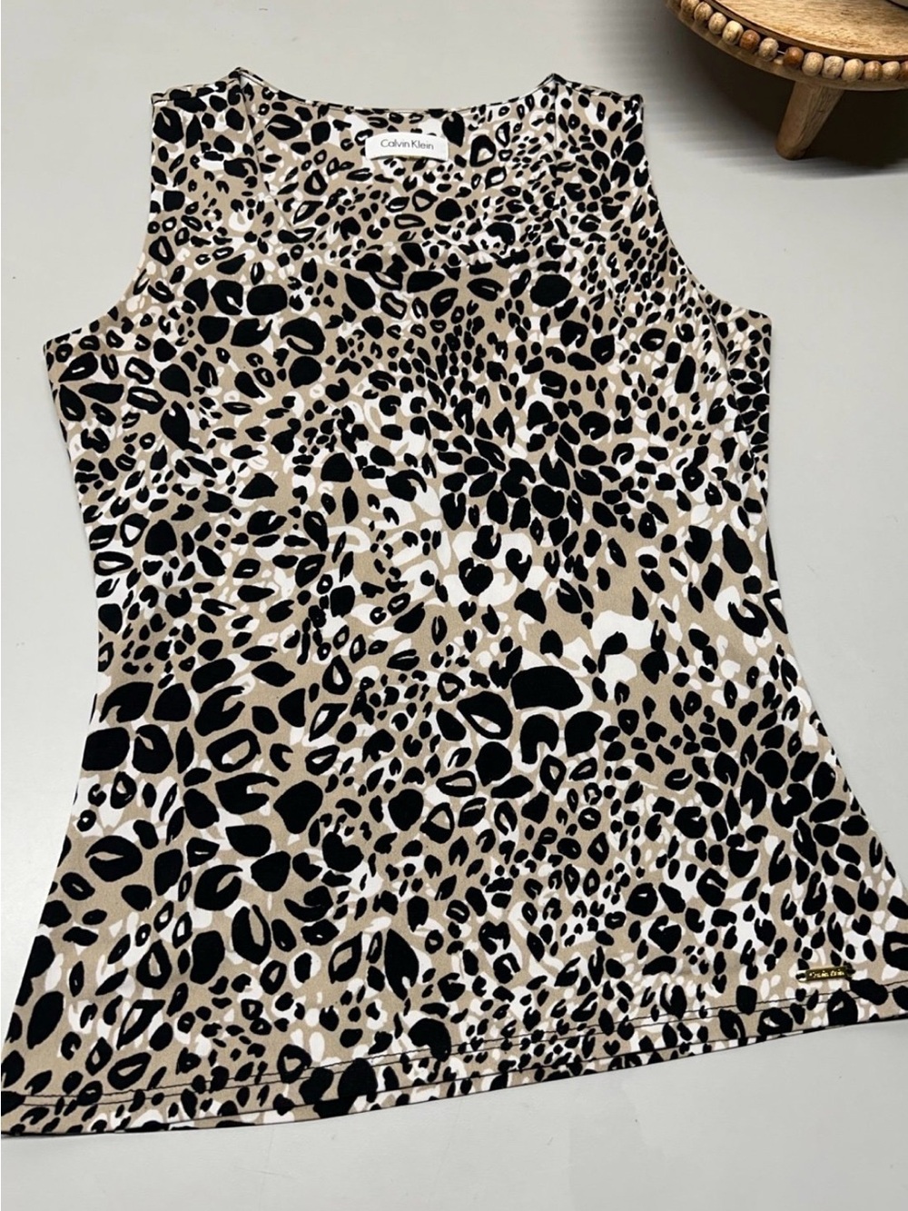 Calvin Klein Black and Beige Leopard Print Sleeveless Shell